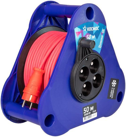 Удлинитель КОСМОС YKTKsm50m-4g(2.5)KG (катушка-треуг) 16А 3500Вт 4 гн - 50 м , красный