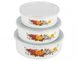 Набор Мисок MALLONY Набор из 3 эмалированных мисок с крышками, FAMILIA, объемы: 600/850/1250 мл, цвет: белый с дизайном (008763)