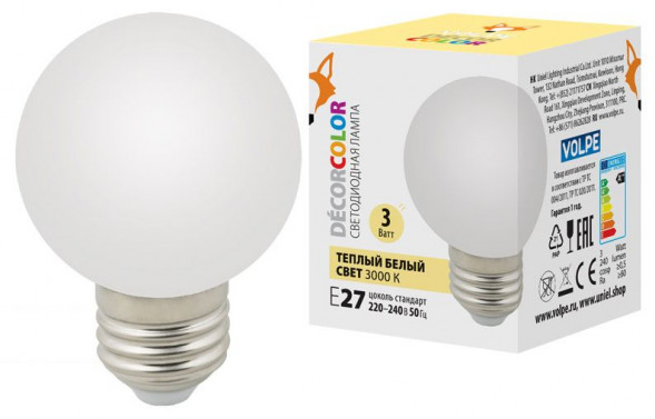 ЭЛЕКТРИКА VOLPE LED-G60-3W/3000K/E27/FR/С
