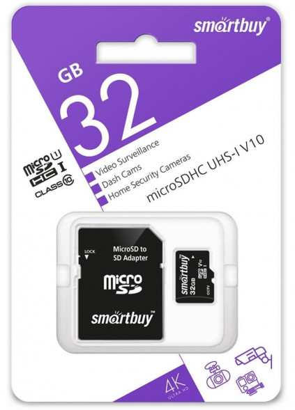 Карта памяти SMARTBUY (SB32GBSDCCTV) micro SDHC 032GB cl10 U1 V10 + адаптер