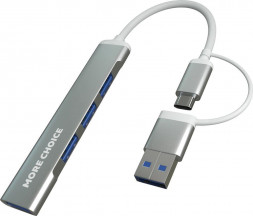 USB-хаб MORE CHOICE (4610196407802) USB HUB 1USB 3.0+3USB 2.0 Type-C HUB03 0,1м Silver