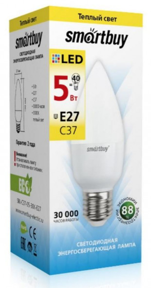 Светодиодная лампа SMARTBUY (SBL-C37-05-30K-E27) 5W/3000/E27