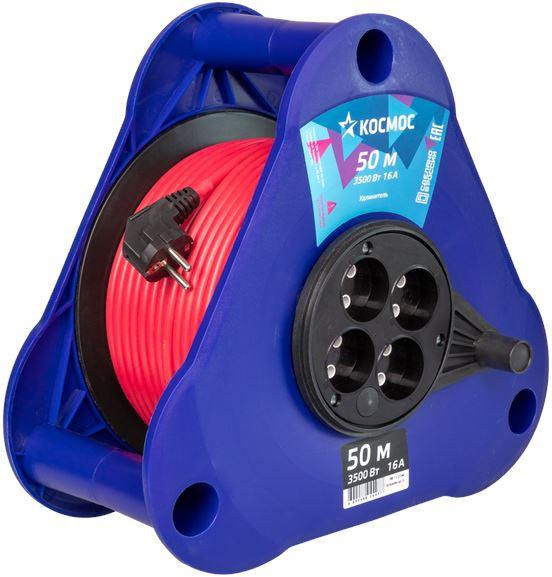 Удлинитель КОСМОС YKTKsm50m-4g(2.5) (катушка-треуг) 16А 3500Вт 4 гн - 50 м , Красный