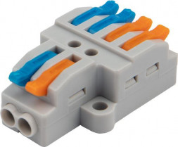 Клемма REXANT (07-5235-05) Клемма СМК 2х2 проходная разветвительная 2 полюса, с монтажной площадкой (1 ввод, 2 вывода на полюс), (5 шт./уп.)