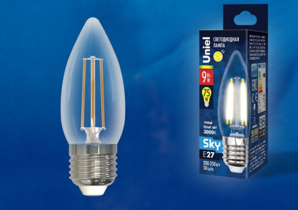 Форма &quot;Свеча&quot; UNIEL (UL-00005162) LED-C35-9W/3000K/E27/CL PLS02WH