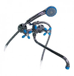 Смеситель для ванны СЕРП и МОЛОТ 3805 Смеситель в ванную длинный нос ,с голубыми вставками , металлокерамика с шаровым п