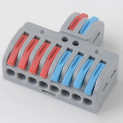 Клемма REXANT (07-5231) Клемма СМК 2х4 проходная разветвительная 2 полюса, с монтажной площадкой (1 ввод, 4 вывода на полюс) (25 шт/уп)