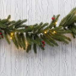 Еловые изделия NEON-NIGHT (307-113) ЕЛОВЫЙ ШЛЕЙФ С ЯГОДАМИ И ГИРЛЯНДОЙ 1.8 М, 30 LED, 31 В, ЛИТОЙ, ТЕПЛОЕ БЕЛОЕ