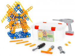 Игрушка ПОЛЕСЬЕ Конструктор Изобретатель - Мельница №2 (196 элементов) + шуруповёрт (в контейнере) 58126