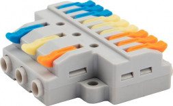 Клемма REXANT (07-5232-04) Клемма СМК 3х3 проходная разветвительная 3 полюса, с монтажной площадкой (1 ввод, 3 вывода на полюс), (4 шт/уп)