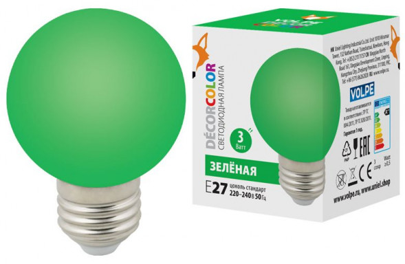 ЭЛЕКТРИКА VOLPE LED-G60-3W/GREEN/E27/FR/С
