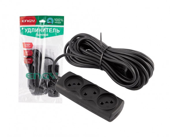 Удлинитель ENGY Премиум 10м/3роз. (ПВС 2х0,75) черный (186742)