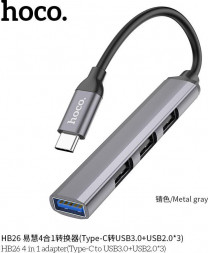 USB-хаб HOCO (6931474765482) HB26 USB HUB Type-C+1USB 3.0+3USB 2.0 , Metal Grey