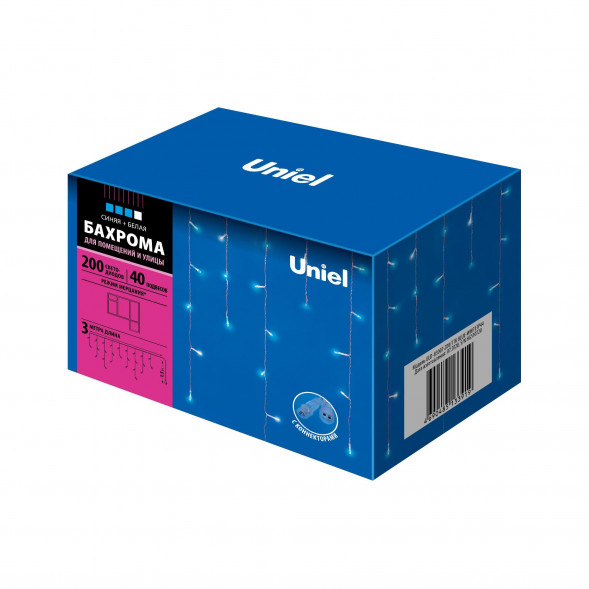 Бахрома светодиодная UNIEL UL-00007210 ULD-B3007-200/TTK BLUE-WHITE IP44 3м. Соединяемая. 200 светодиодов. Синий и белый свет.
