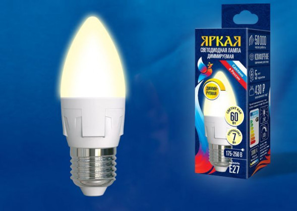 Светодиодная лампа UNIEL (UL-00004297) LED-C37 7W/3000K/E27/FR/DIM PLP01WH