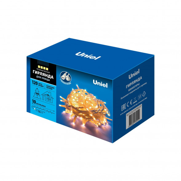 Электрогирлянда UNIEL UL-00007203 ULD-S1000-120/SWK WARM WHITE IP67 10м. Соединяемая.120 светодиодов. Теплый белый свет.