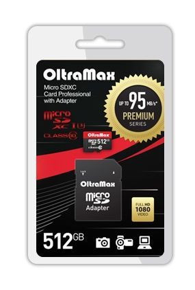 Карта памяти OLTRAMAX MicroSDXC 512GB Class 10 UHS-1 PREMIUM (U3) + адаптер (SD 95 MB/s)