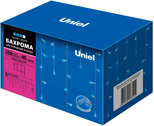 Гирлянда UNIEL (UL-00007210) ULD-B3007-200/TTK BLUE-WHITE IP44 Бахрома светодиодная с эффектом мерцания, 3м. Соединяемая. 200 светодиодов. Синий и белый свет.