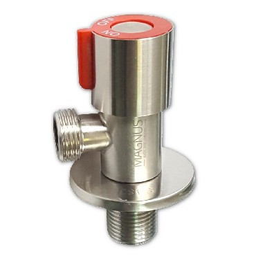 Кран металлокерамика MAGNUS 9270 Кран металлокерамика угловой 1/2 х1/2 , красная ручка, с отражателем, из нержавеющей ста