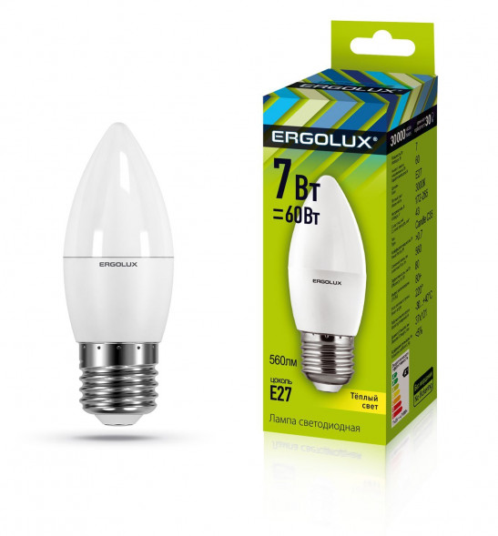 Лампочка светодиодная ERGOLUX LED-C35-7W-E27-3K (Эл.лампа светодиодная Свеча 7Вт E27 3000K 172-265В)