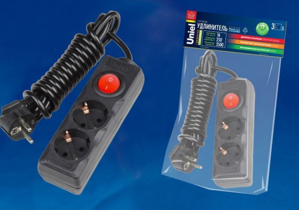 Удлинители серии Standard с заземлением и выключателем UNIEL (UL-00003607) S-GCD2-3B BLACK