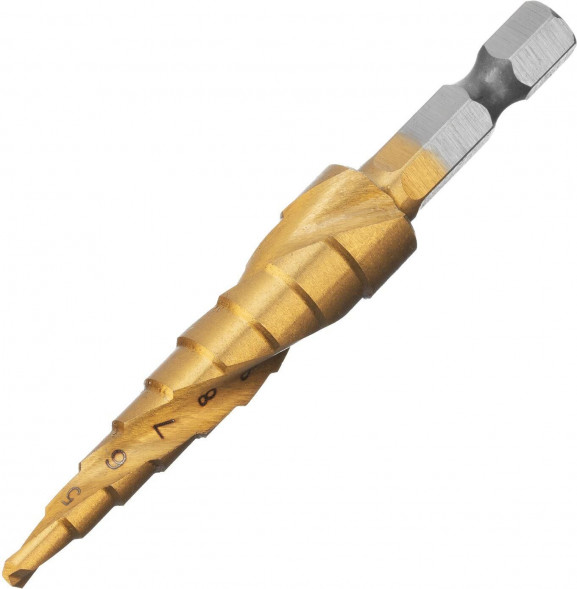 Сверло MATRIX Сверло ступенчатое 4-5-6-7-8-9-10-11-12 мм, HSS, спиральный профиль, шестигранный хвостовик 72353 MATRIX Сверло ступенчатое 4-5-6-7-8-9-10-11-12 мм, HSS, спиральный профиль, шестигранный хвостовик 72353