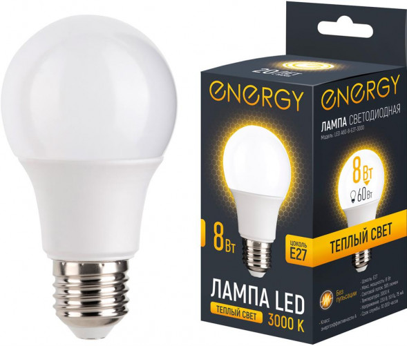 Лампа светодиодная ENERGY LED А60-8-E27-3000 (109304)