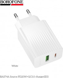 СЗУ BOROFONE (6941991122767) BAS74A 1USB+1Type-C 3.0A QC3.0 PD 20W White