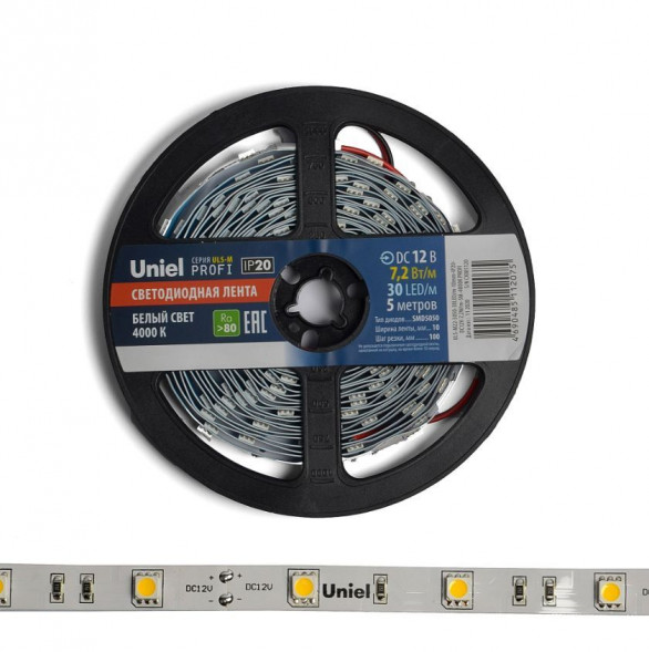 СВЕТОДИОДНЫЕ ЛАМПЫ, ЛЕНТЫ UNIEL UL-00004369 ULS-M22-5050-30LED/M-10MM-IP20-DC12V-7,2W/M-5M-4000K PROFI КАТУШКА В ГЕРМЕТИЧНОЙ УПАКОВКЕ