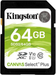 KINGSTON Карта памяти SDXC UHS-I Canvas Select Plus 64 ГБ, 100 МБ/с, Class 10, SDS2/64GB, 1 шт., без адаптера