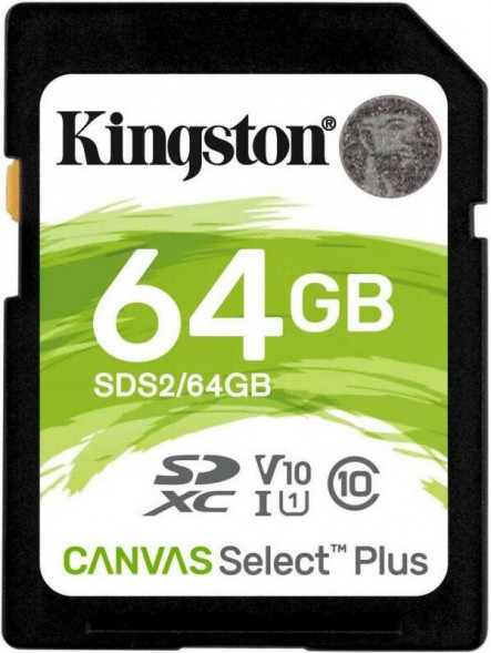 KINGSTON Карта памяти SDXC UHS-I Canvas Select Plus 64 ГБ, 100 МБ/с, Class 10, SDS2/64GB, 1 шт., без адаптера