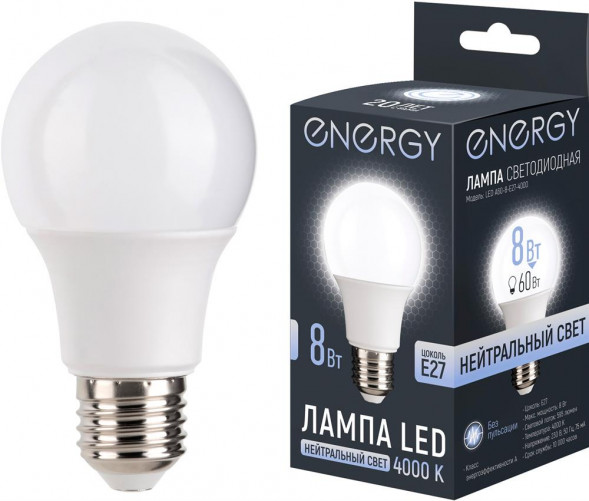 Лампа светодиодная ENERGY LED А60-8-E27-4000 (109305)