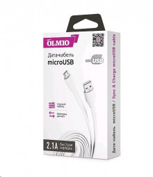 Дата-кабель OLMIO MICRO USB, 1м, 2.1A, белый плоский (38657)