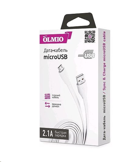 Дата-кабель OLMIO MICRO USB, 1м, 2.1A, белый плоский (38657)
