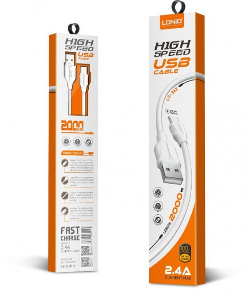 Кабель LDNIO (LD_B4523) LS362/ USB кабель Lightning/ 2m/ 2.4A/ медь: 120 жил/ белый