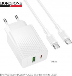 СЗУ BOROFONE (6941991122804) BAS74Aaa 1USB+1Type-C 3.0A QC3.0 PD20W для Type-C Type-C White
