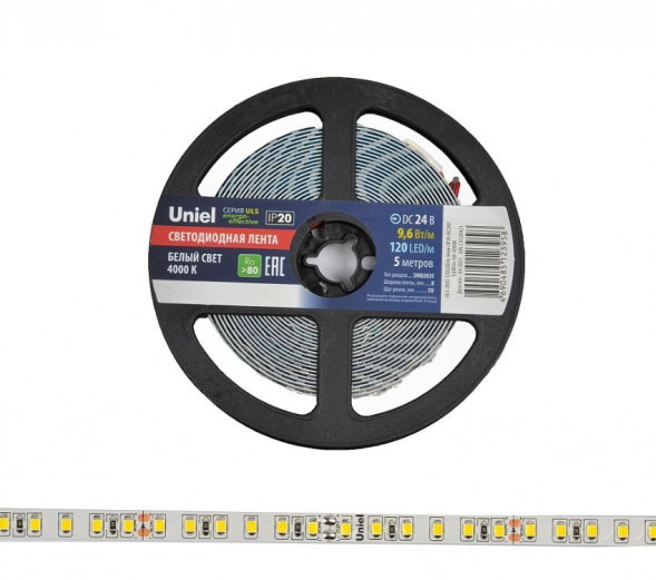 СВЕТОДИОДНЫЕ ЛАМПЫ, ЛЕНТЫ UNIEL (UL-00005871) ULS-2835-120LED/M-8MM-IP20-DC24V-9,6W/M-5M-4000K КАТУШКА В ГЕРМЕТИЧНОЙ УПАКОВКЕ