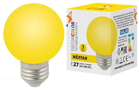 ЭЛЕКТРИКА VOLPE LED-G60-3W/YELLOW/E27/FR/С