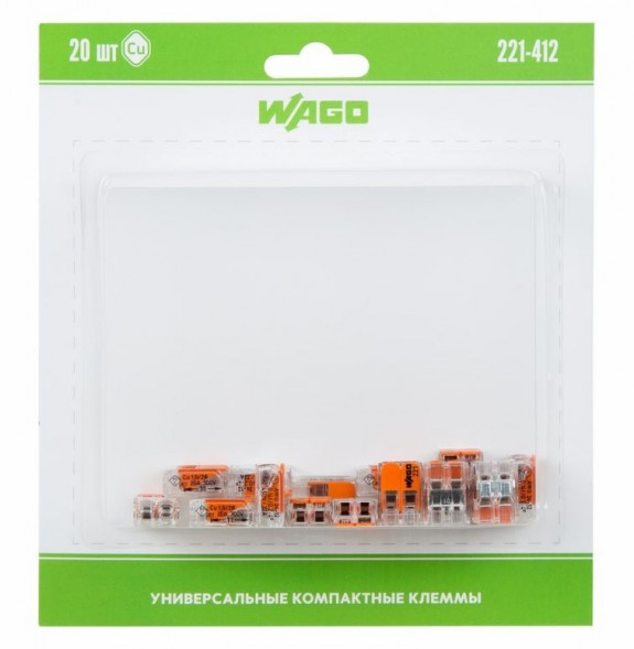 Электроустановочные изделия WAGO (07-5161-20) СЕРИЯ 221-412 УНИВЕРСАЛЬНАЯ КЛЕММА 2-Х ПРОВОДНАЯ