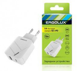 СЗУ ERGOLUX (15252) ELX-РA01QC-C01 (Сетевой адаптер 18Вт 1USB+1Type C, 100-220В, 5-9V/3А, QC, Белый, Коробка)