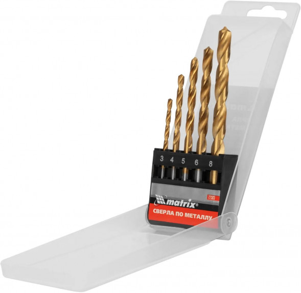 Набор сверл MATRIX Набор нитридтитановых сверл по металлу, 3-4-5-6-8 мм, HSS, 5 шт., пласт. кор. цил. хвост.// MATRIX Набор нитридтитановых сверл по металлу, 3-4-5-6-8 мм, HSS, 5 шт., пласт. кор. цил. хвост.//
