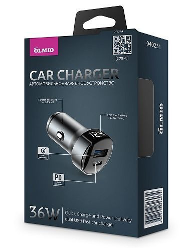 АЗУ OLMIO Автомобильное ЗУ 36W, 2хUSB, 6A, QC3.0, Type-C PD (40231)