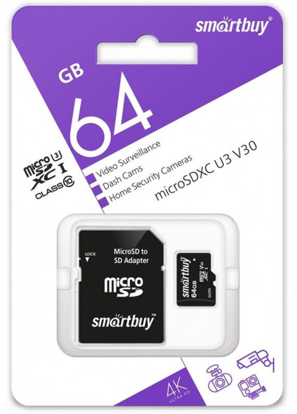 Карта памяти SMARTBUY (SB64GBSDCCTV) micro SDXC 064GB cl10 U3 V30 + адаптер