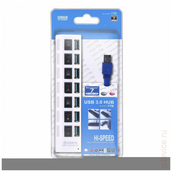 USB-хаб SMARTBUY (SBHA-7307-W) USB 3.0 хаб + выкл., 7 портов, белый