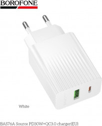 СЗУ BOROFONE (6941991122880) BAS76A 1USB+1Type-C 3.0A QC3.0 PD 30W White
