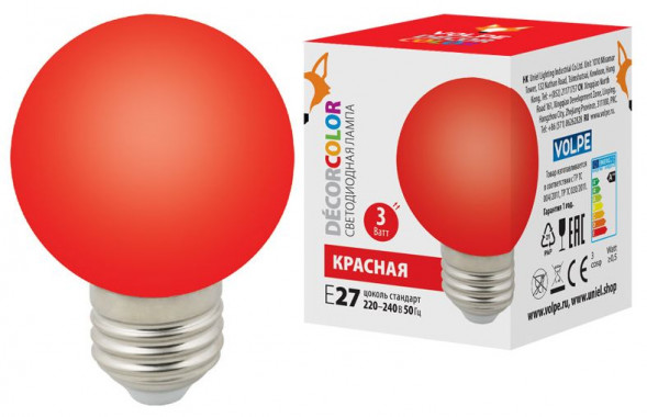 ЭЛЕКТРИКА VOLPE LED-G60-3W/RED/E27/FR/С