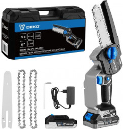 Пила цепная аккумуляторная DEKO DKCHS 20V, 6&quot;, 20В, 2x2.2Ач, 2 шины и 3 цепи в кейсе