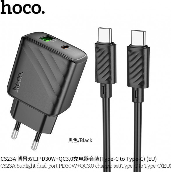 СЗУ HOCO (6942007609968) CS23Aaa 1USB+1Type-C 3.0A PD 30W+QC3.0 , Black