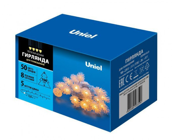 Гирлянда UNIEL (UL-00007192) ULD-S0500-050/DTA WARM WHITE IP20 PINE CONES Гирлянда светодиодная Шишки, 5м. 50 светодиодов. Теплый белый свет