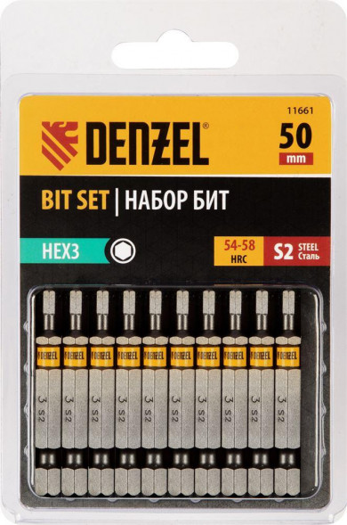 Набор бит DENZEL Набор бит HEX 3х50, сталь S2, шестигранный профиль, 10 шт. 11661